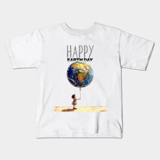 Earth Day: A Little Girl Holding an Earth Balloon, "Happy Earth Day" Kids T-Shirt